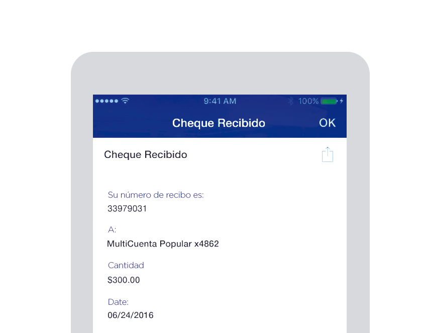 Electronic Device making a check deposit through Mobile Easy Deposit in  Mi Banco Mobile app from Popular