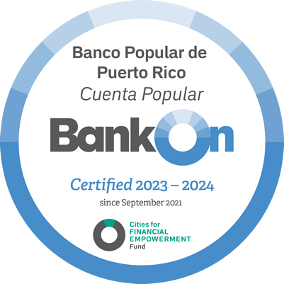 Logo azul de la certificación del Programa BankOn sobre estandares nacionales