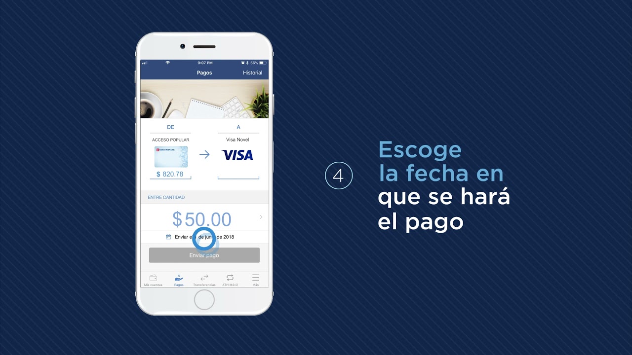 Dispositivo móvil mostrando cómo realizar un pago a través de la aplicación Mi Banco Móvil de Popular