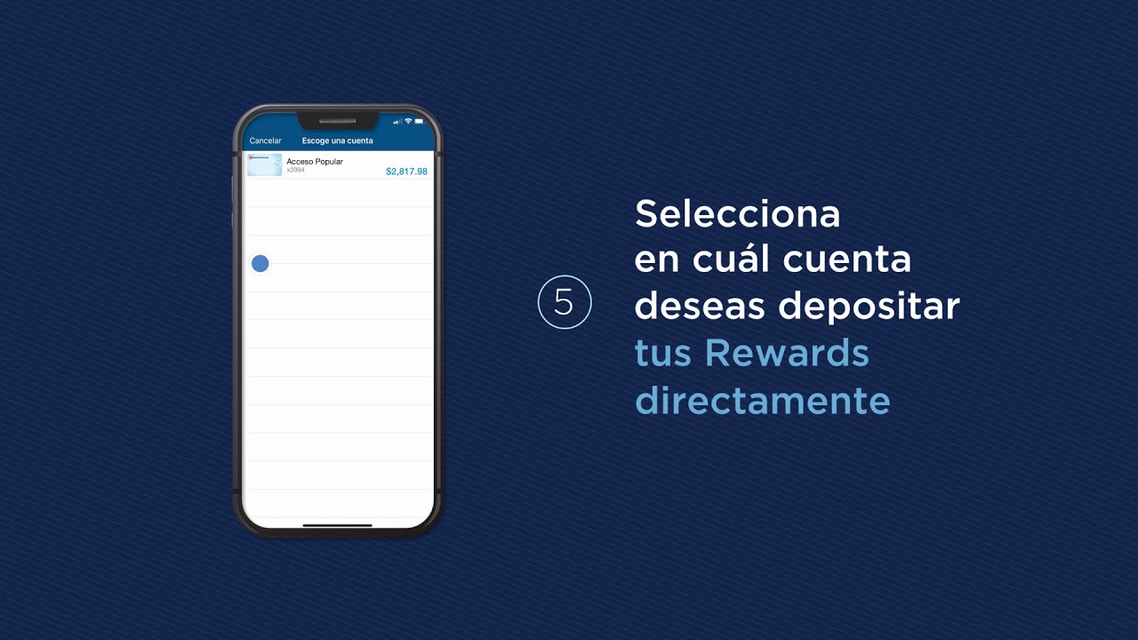 Dispositivo móvil mostrando cómo depositar tus Rewards directamente a través de la aplicación Mi Banco Móvil de Popular