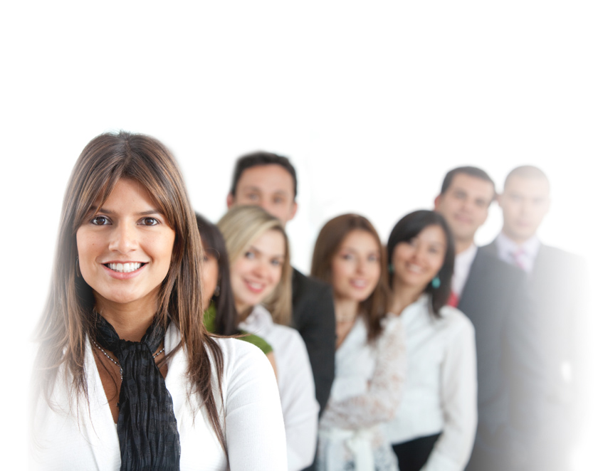 Men and women in corporate attire smiling