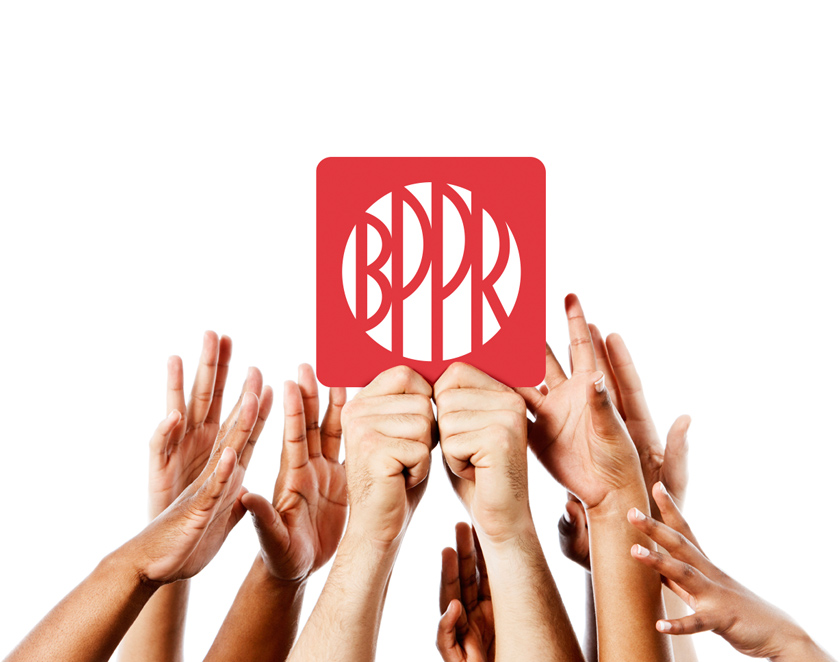 Several hands holding the Popular logo with the acronym BPPR