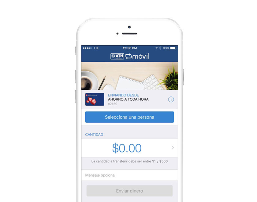 Dispositivo móvil haciendo una transferencia de dinero a otra persona por ATH Móvil a través de la aplicación Mi Banco Móvil