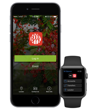 Dispositivo Móvil y Apple Watch mostrando la aplicación de Mi Banco Móvil de Popular