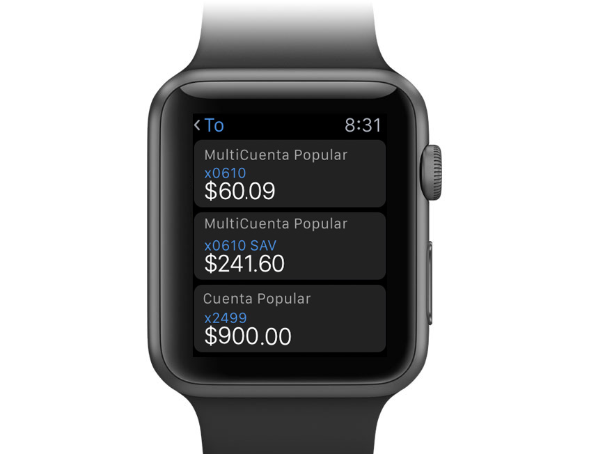 Apple Watch mostrando el balance de cuenta a través de la aplicación de Mi Banco Online