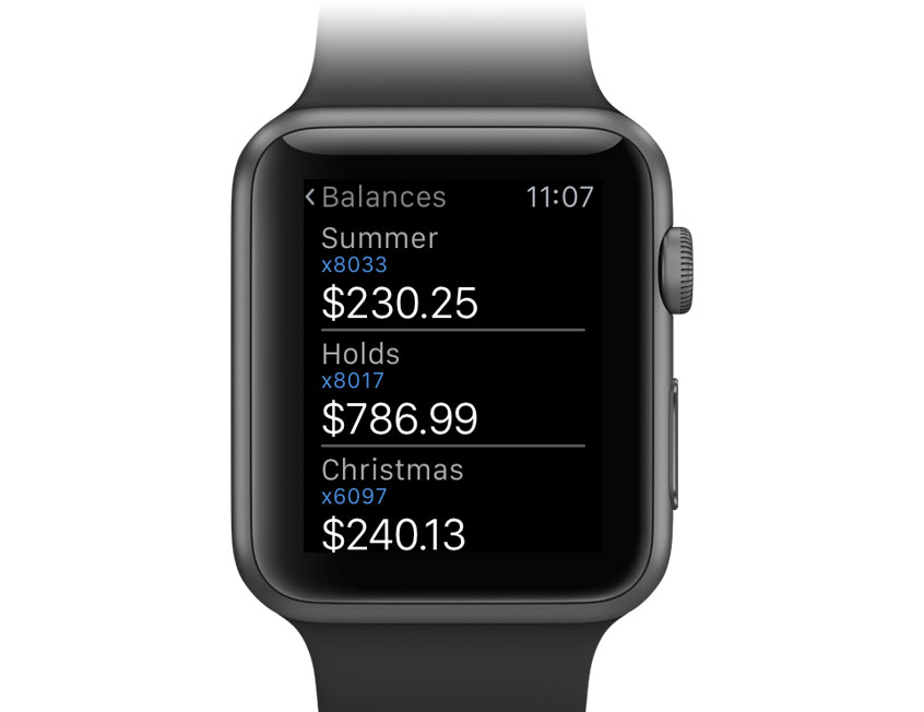 Apple Watch showing account balance through the Mi Banco Online app