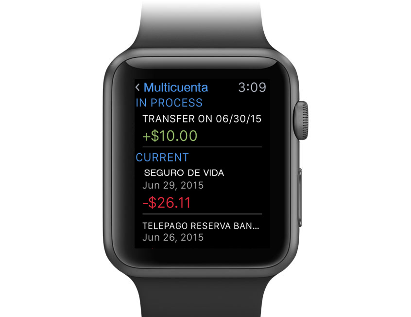 Apple Watch showing account balance through the Mi Banco Online app